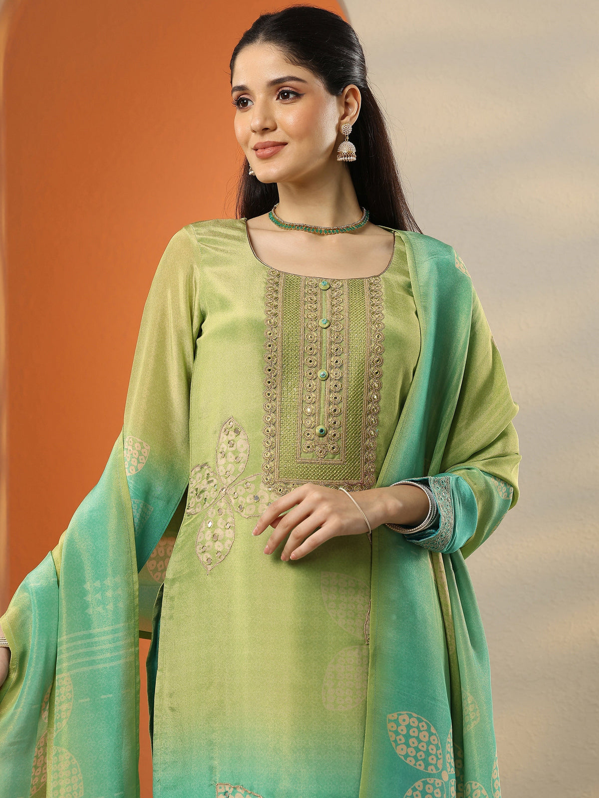 Anouk Green Embroidered Crepe Straight Suit Set With Dupatta