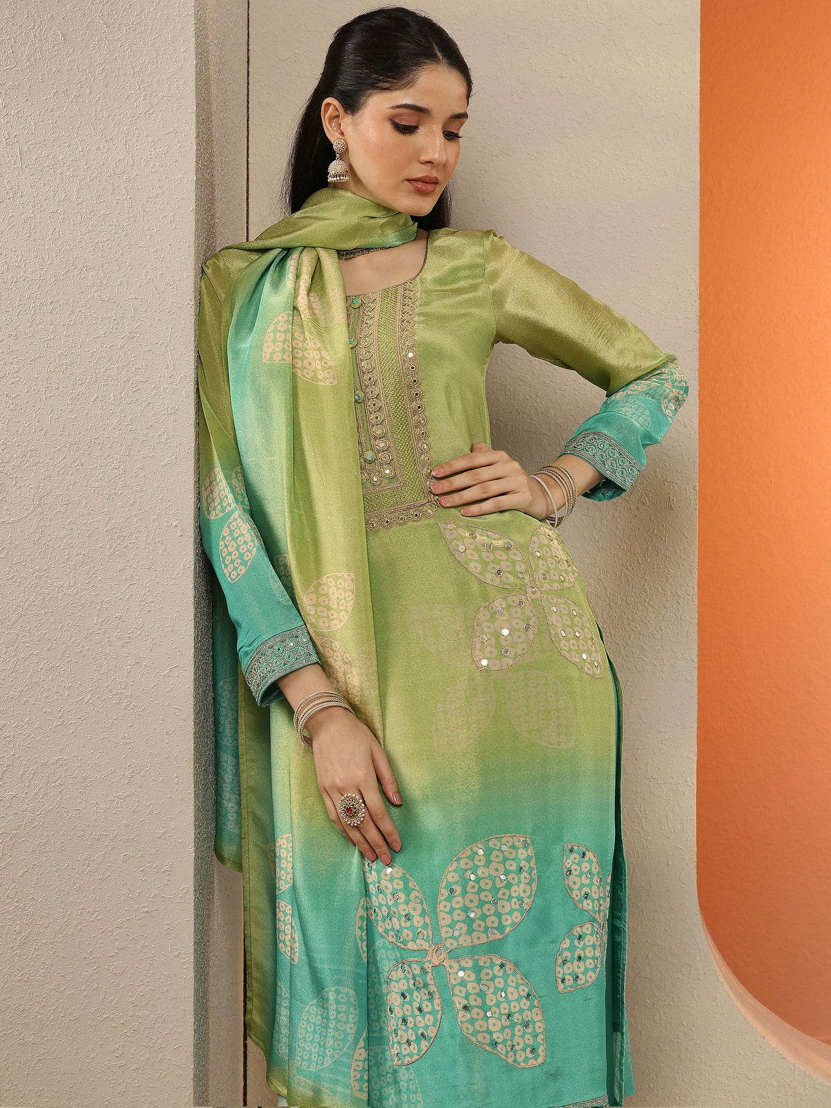 Anouk Green Embroidered Crepe Straight Suit Set With Dupatta