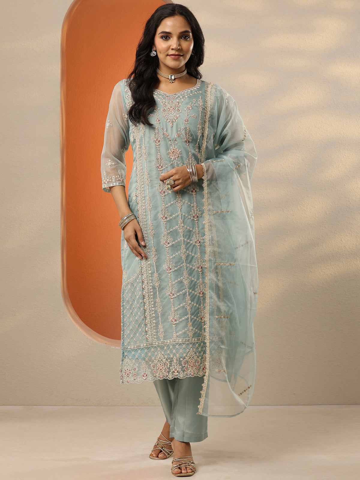 Anouk Blue Embroidered Organza Straight Suit Set With Dupatta