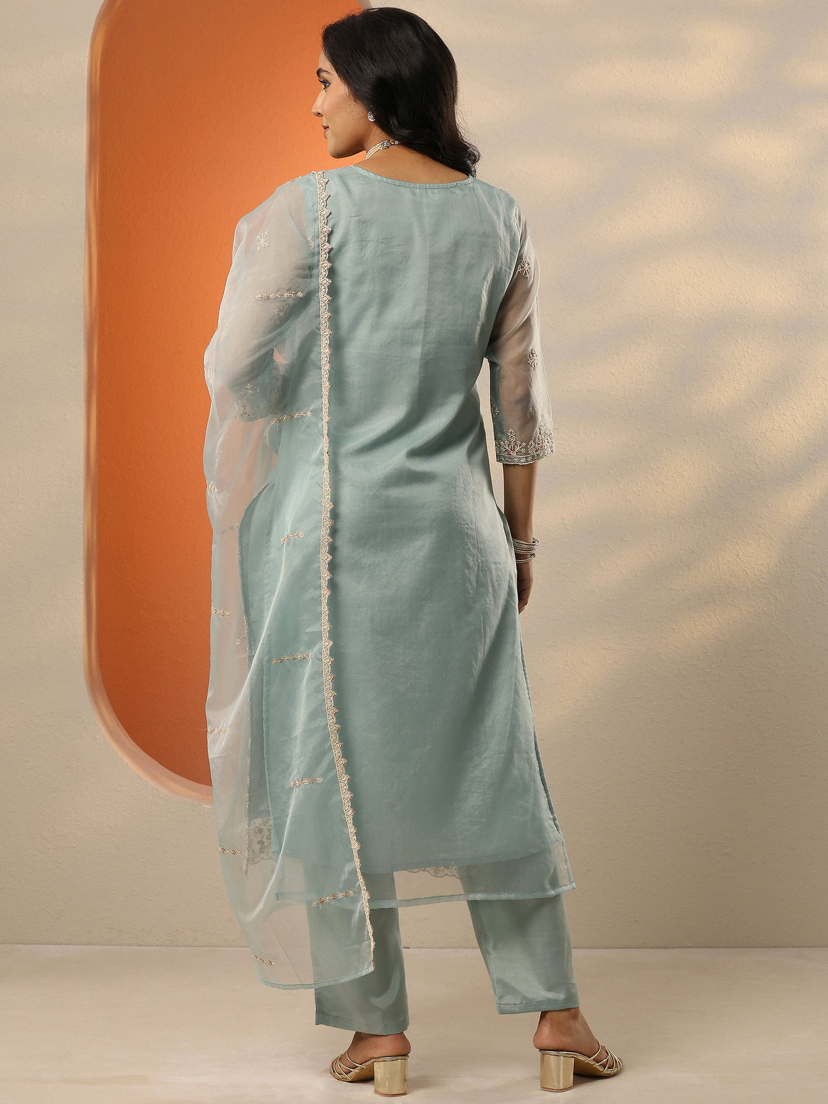 Anouk Blue Embroidered Organza Straight Suit Set With Dupatta