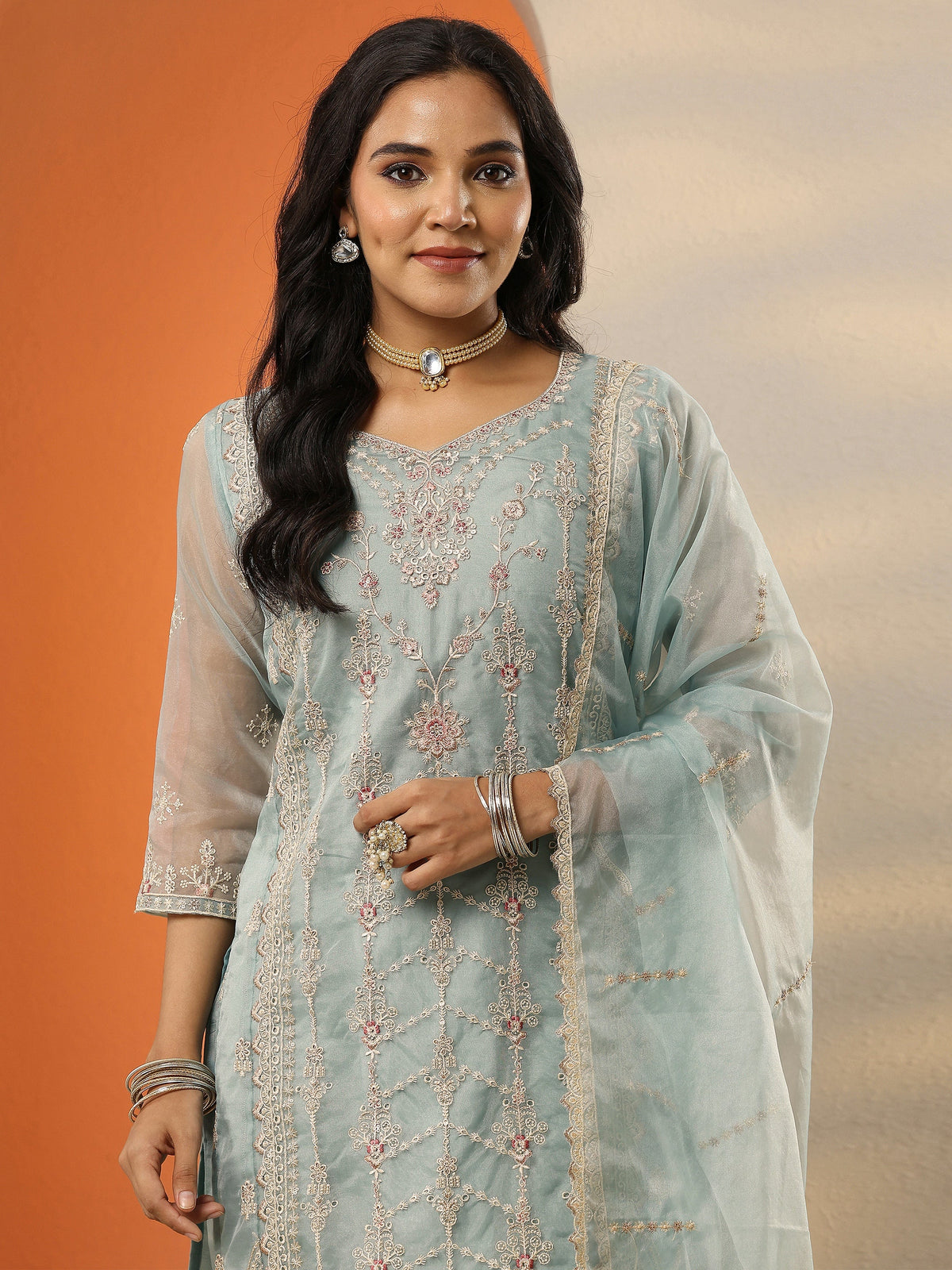 Anouk Blue Embroidered Organza Straight Suit Set With Dupatta