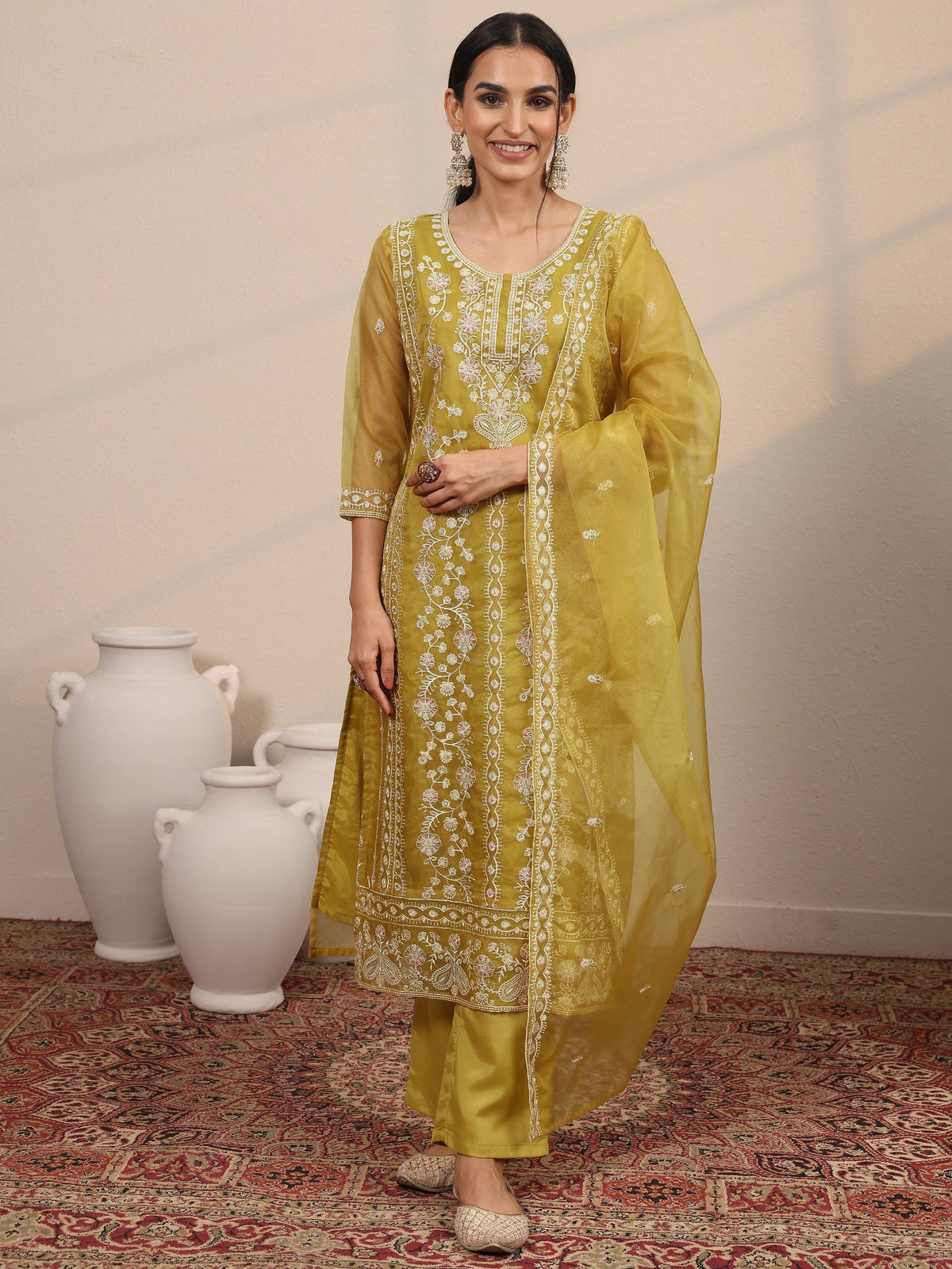 Anouk Mustard Embroidered Organza  Straight Suit Set With Dupatta