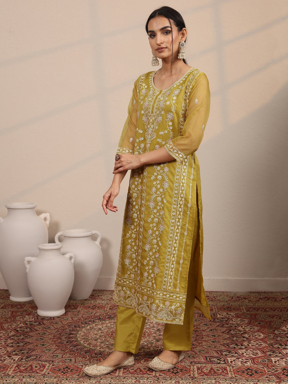 Anouk Mustard Embroidered Organza  Straight Suit Set With Dupatta