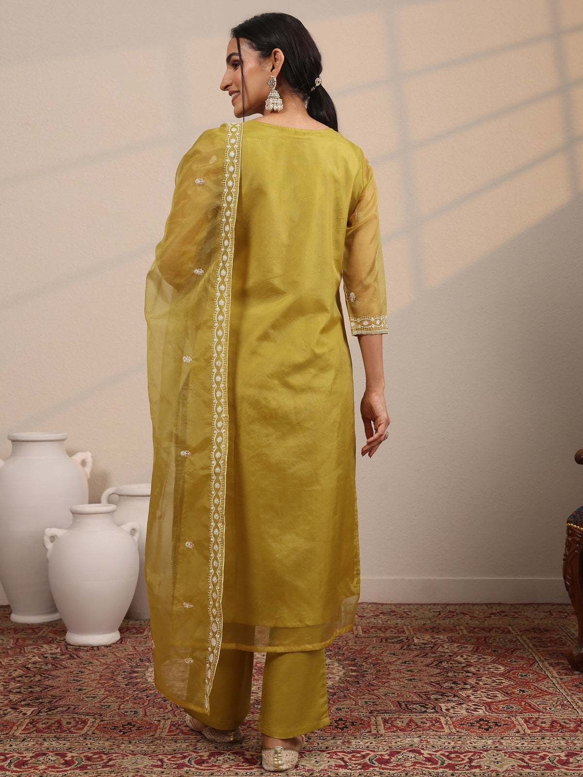 Anouk Mustard Embroidered Organza  Straight Suit Set With Dupatta