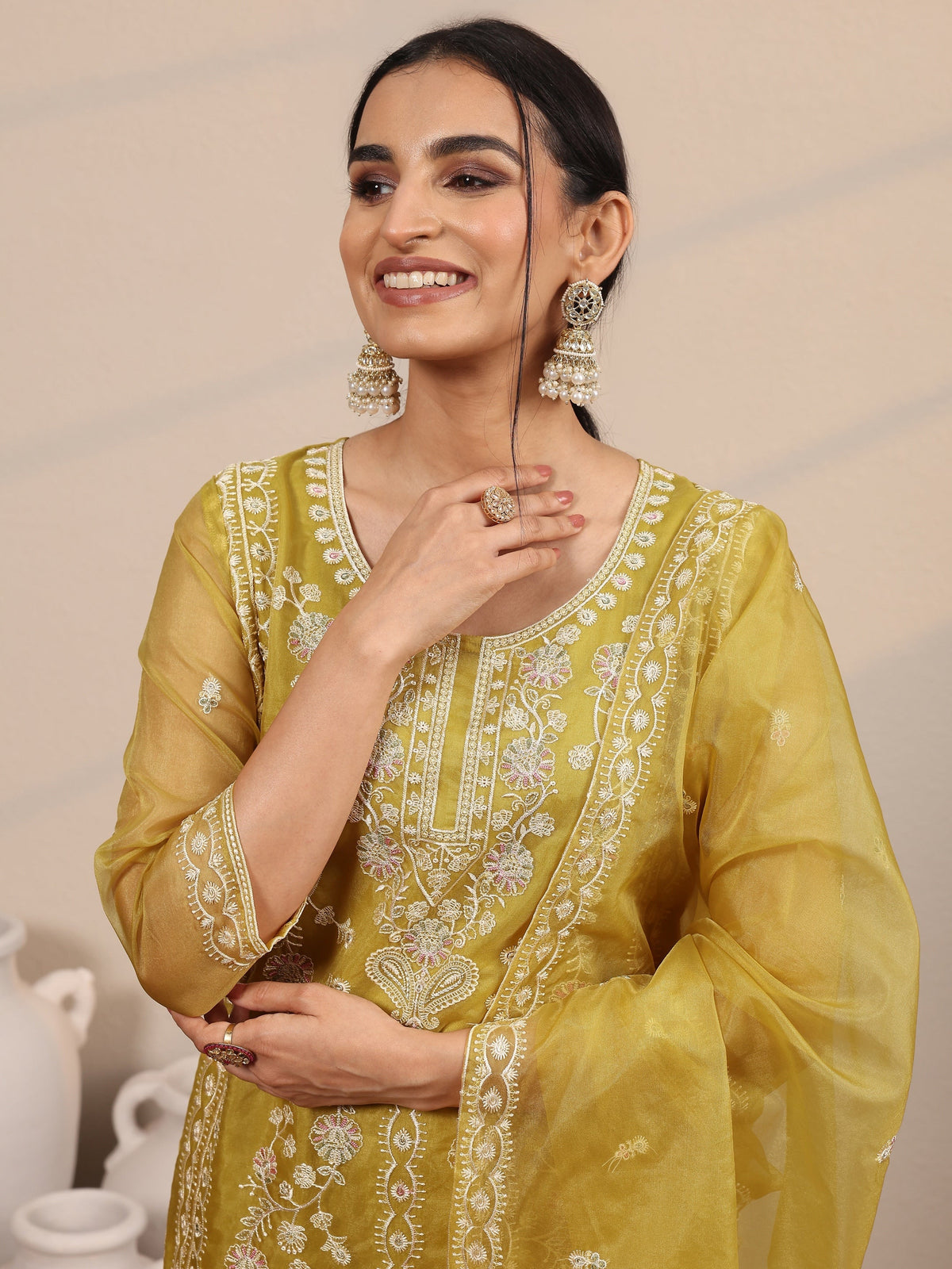 Anouk Mustard Embroidered Organza  Straight Suit Set With Dupatta