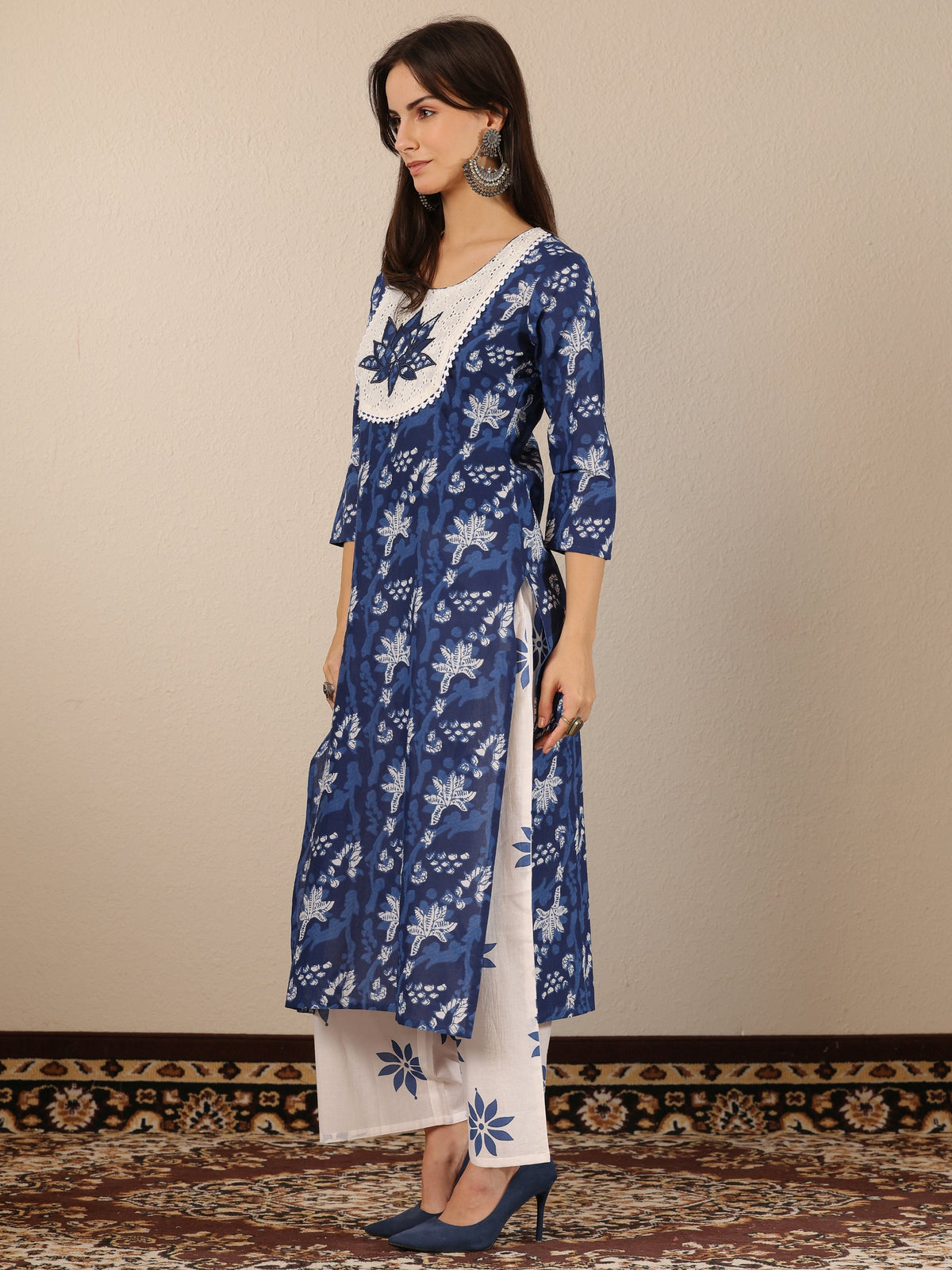 Anouk Blue Printed Cotton Straight Suit Set With Dupatta