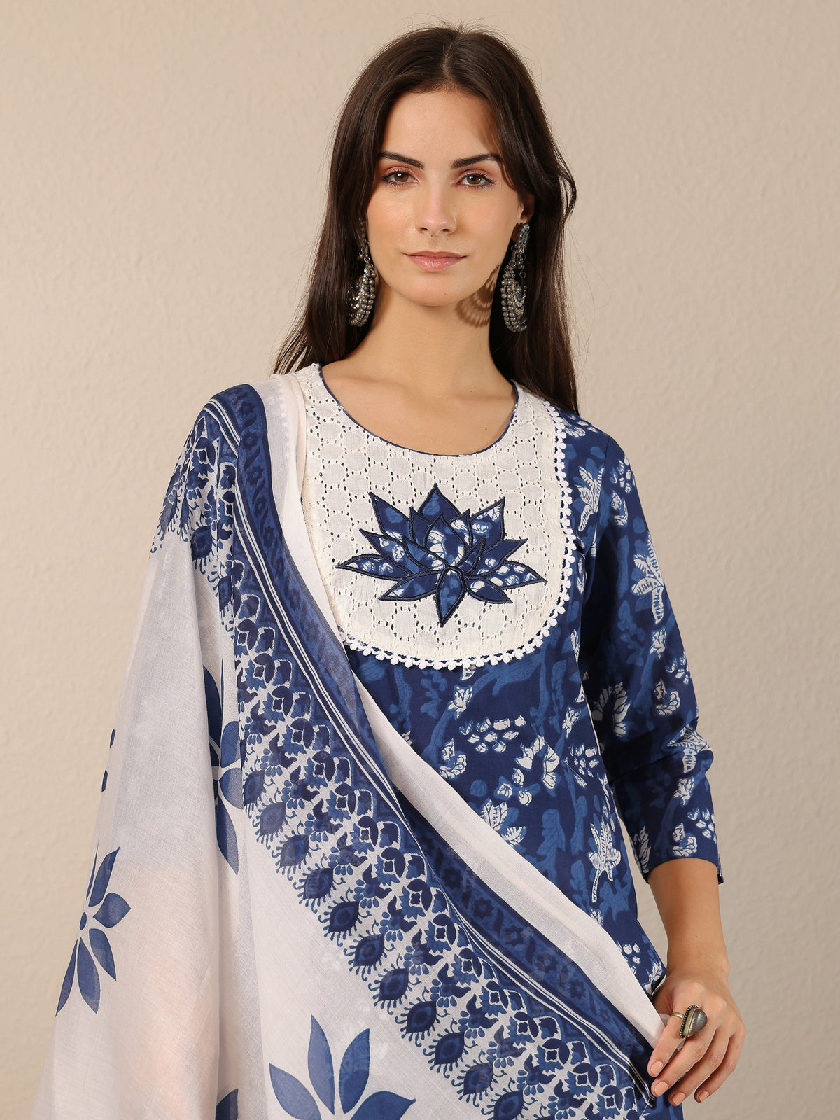 Anouk Blue Printed Cotton Straight Suit Set With Dupatta