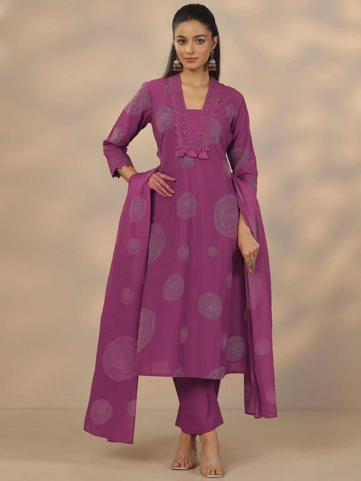 Anouk Mauve Printed Cotton Anarkali Suit Set With Dupatta