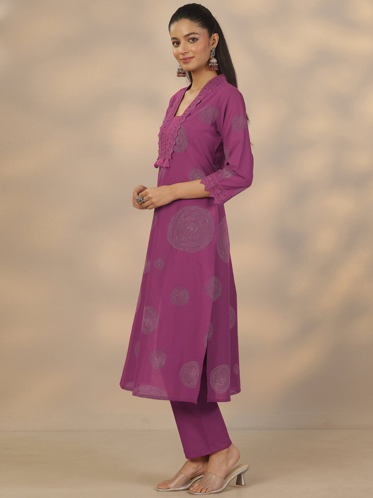 Anouk Mauve Printed Cotton Anarkali Suit Set With Dupatta