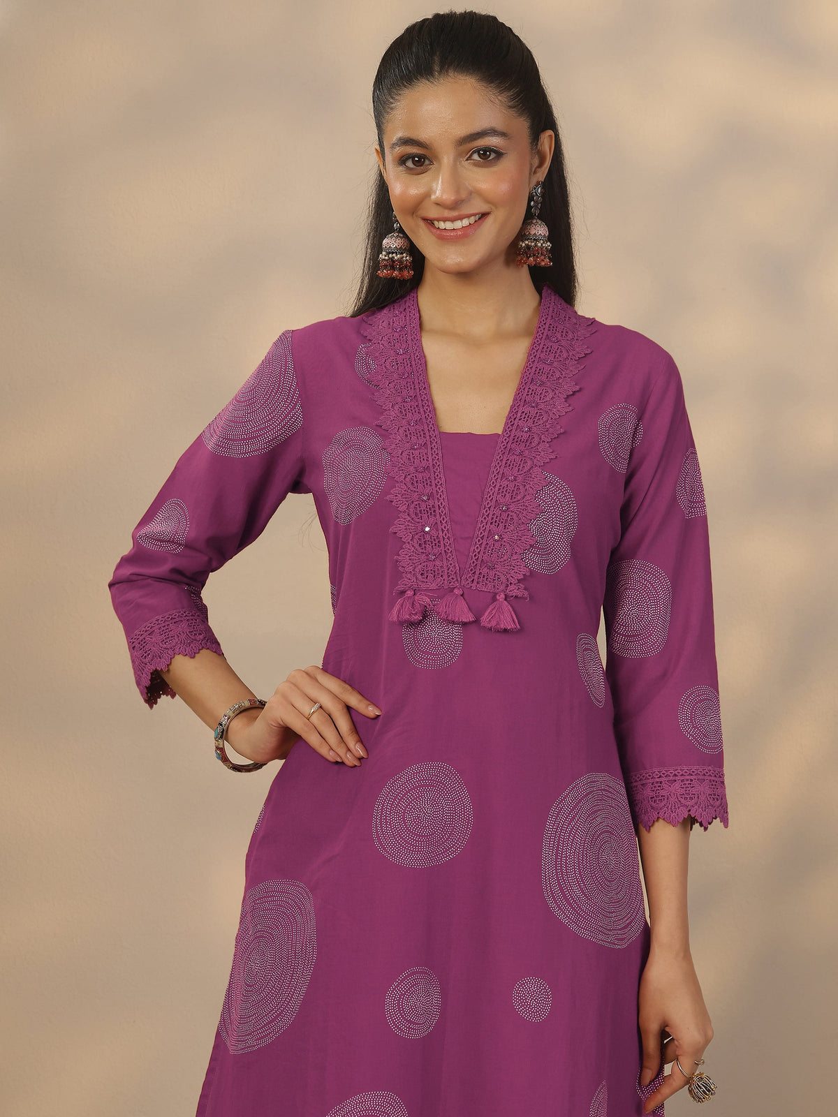 Anouk Mauve Printed Cotton Anarkali Suit Set With Dupatta