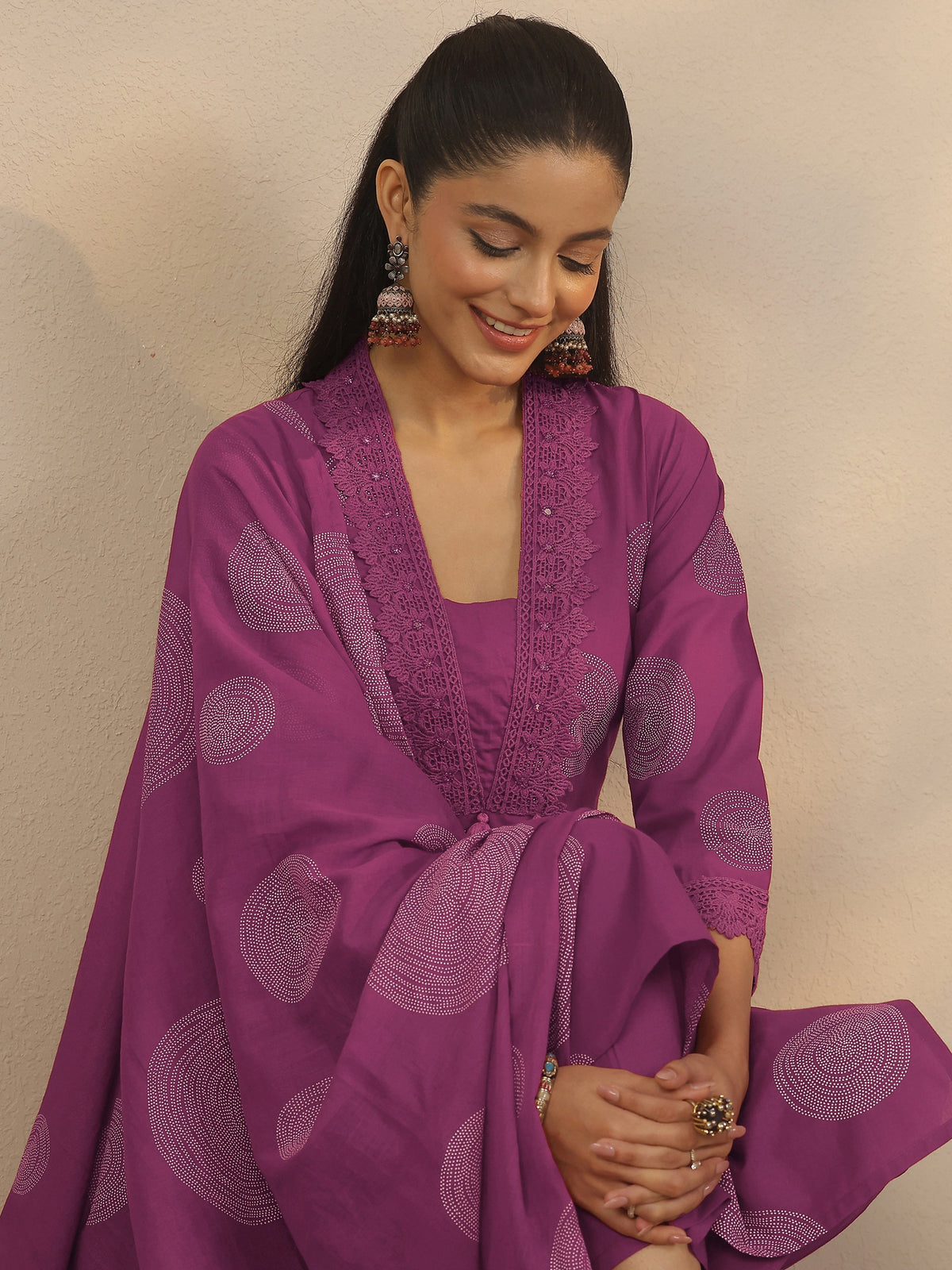 Anouk Mauve Printed Cotton Anarkali Suit Set With Dupatta