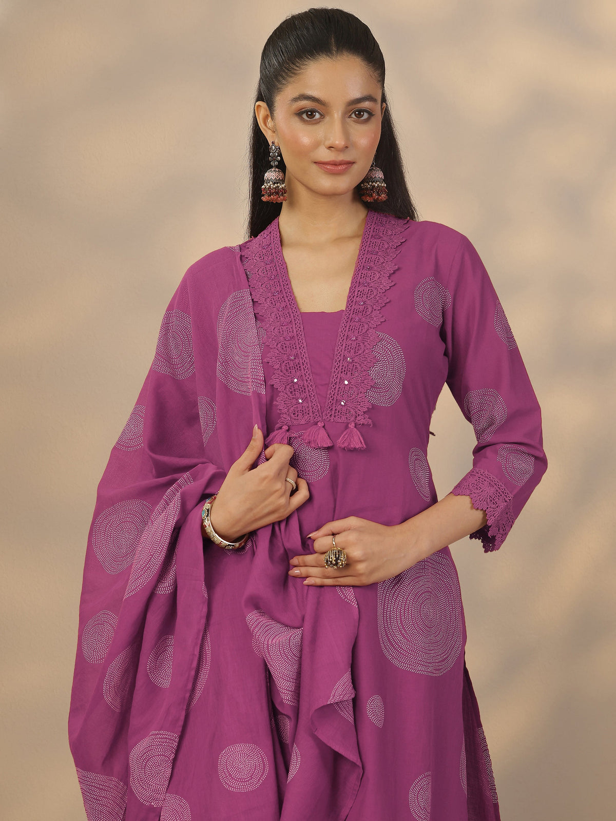 Anouk Mauve Printed Cotton Anarkali Suit Set With Dupatta