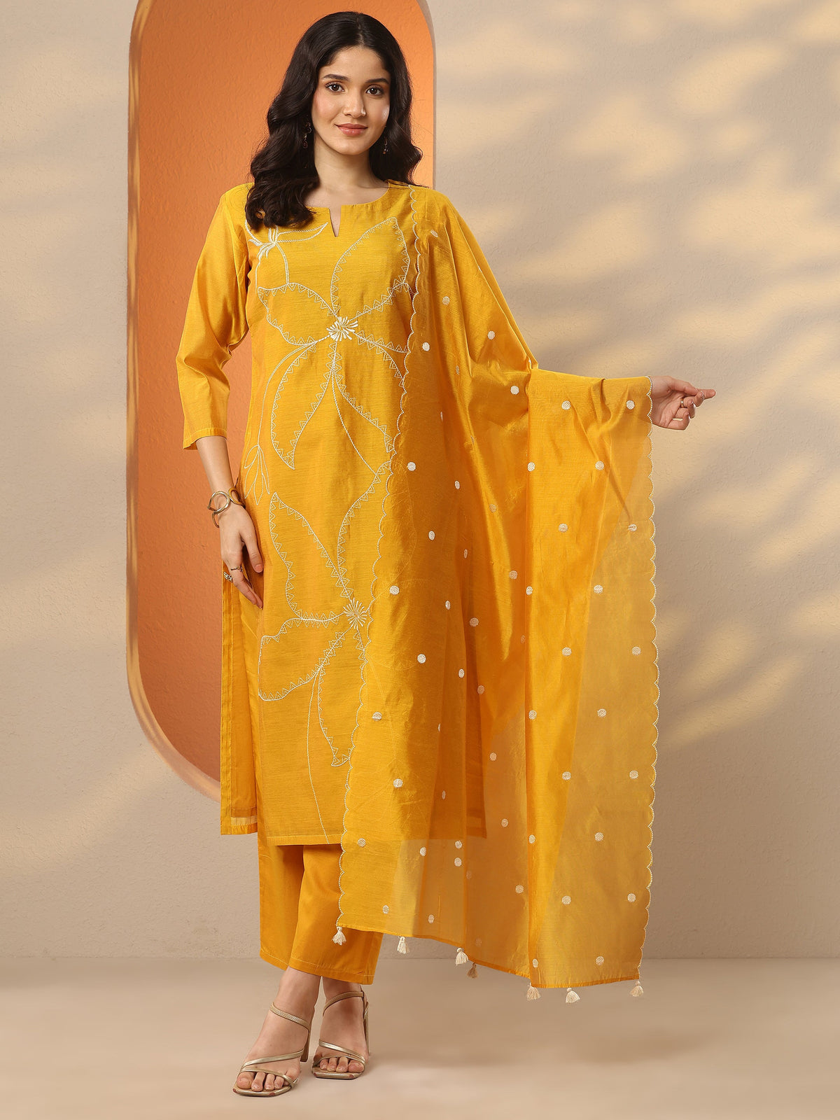 Anouk Mustard Embroidered Silk Blend Straight Suit Set With Dupatta