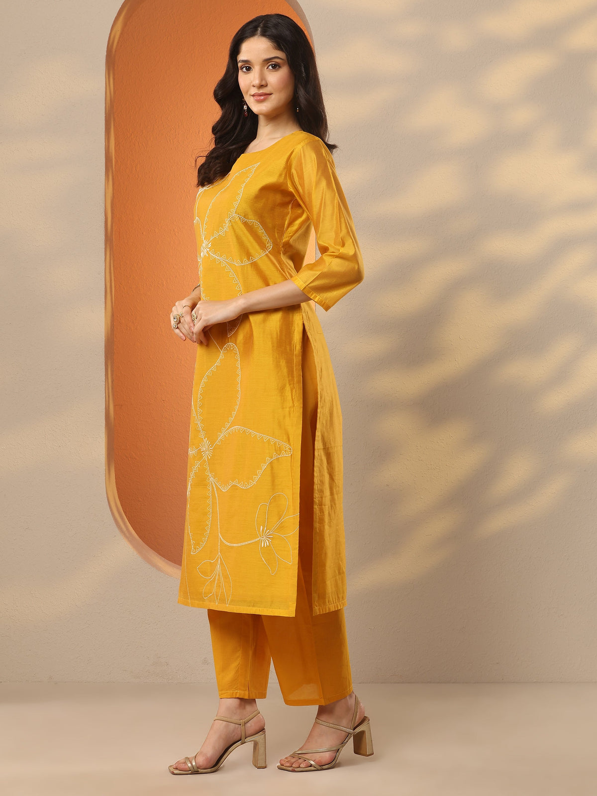 Anouk Mustard Embroidered Silk Blend Straight Suit Set With Dupatta