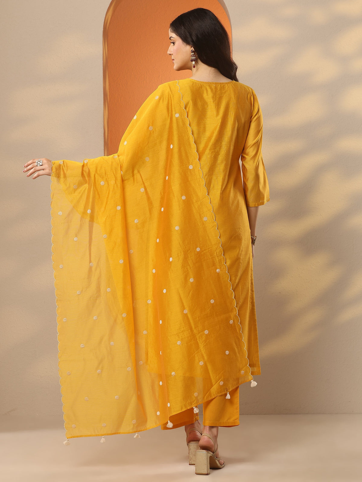 Anouk Mustard Embroidered Silk Blend Straight Suit Set With Dupatta
