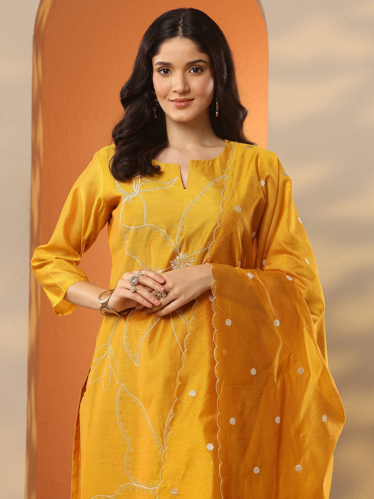 Anouk Mustard Embroidered Silk Blend Straight Suit Set With Dupatta