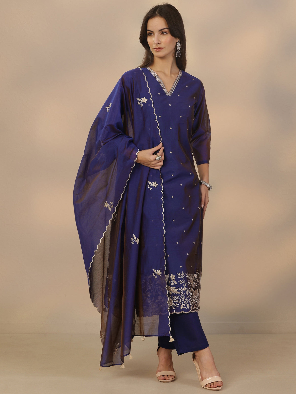 Anouk Blue Embroidered Silk Blend Straight Suit Set With Dupatta