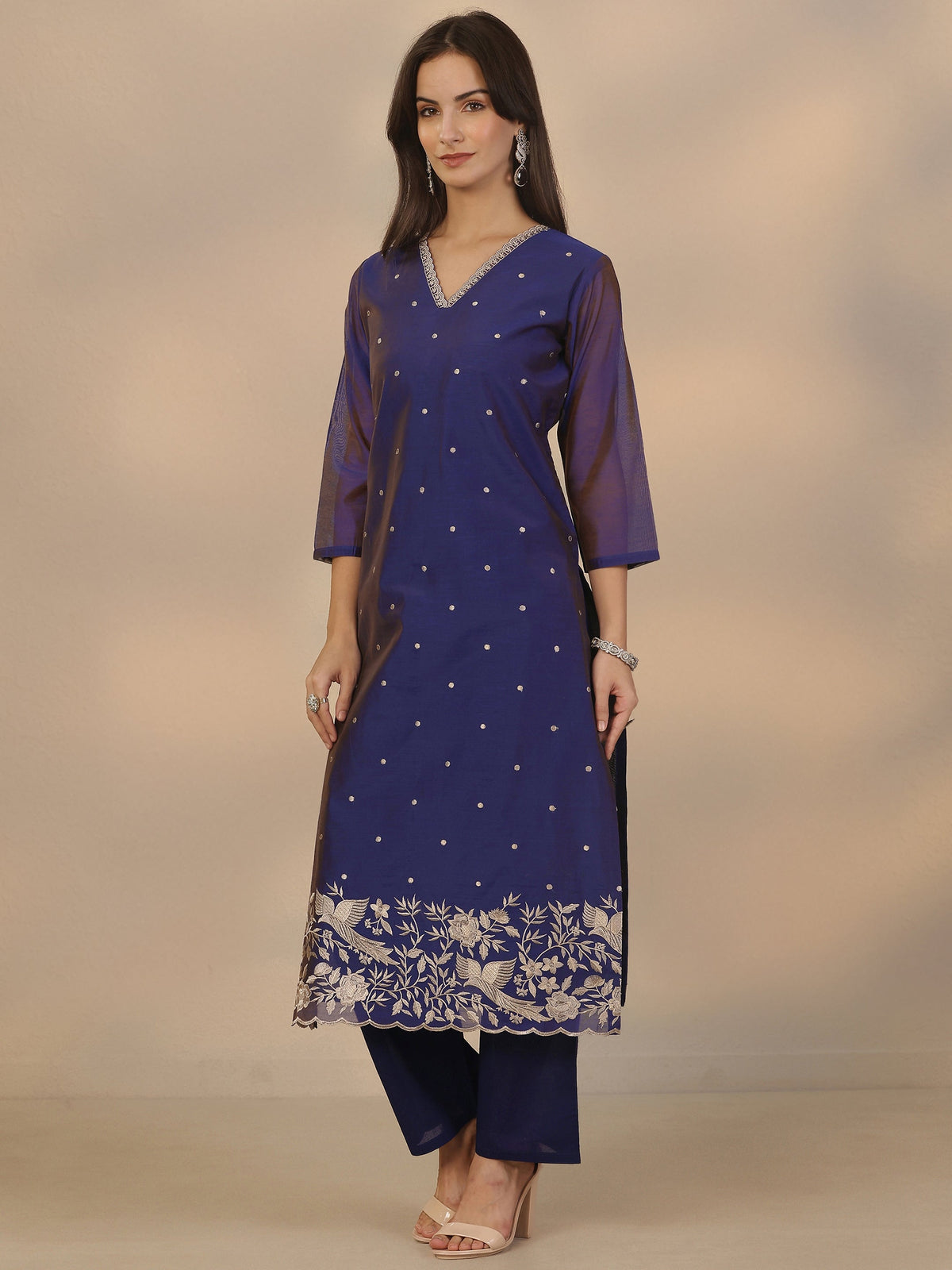Anouk Blue Embroidered Silk Blend Straight Suit Set With Dupatta
