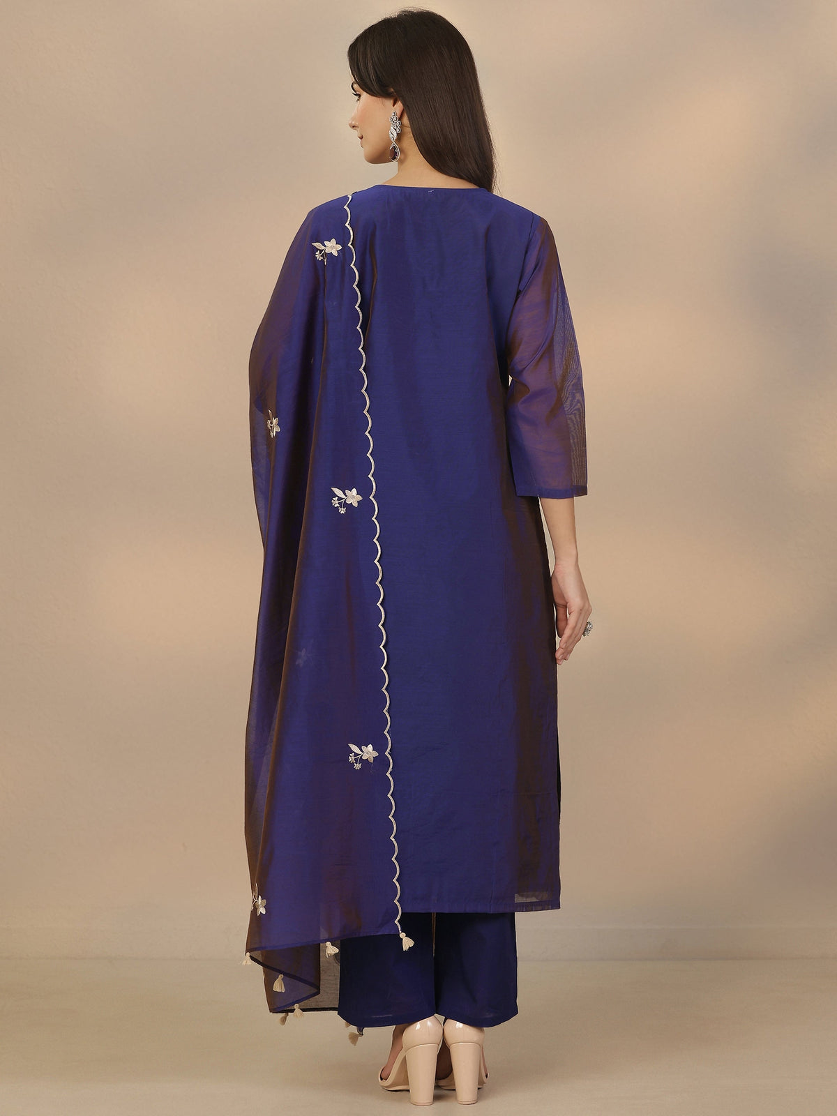 Anouk Blue Embroidered Silk Blend Straight Suit Set With Dupatta