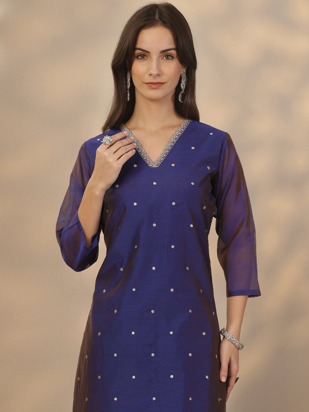Anouk Blue Embroidered Silk Blend Straight Suit Set With Dupatta