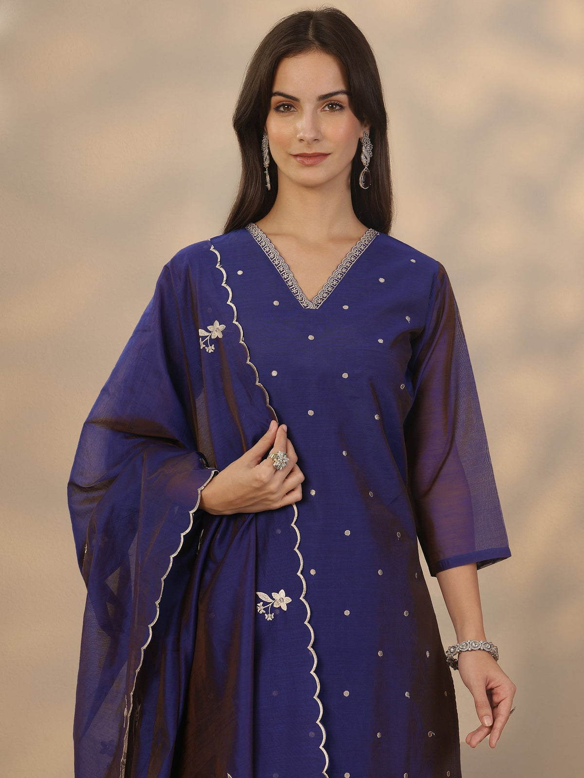 Anouk Blue Embroidered Silk Blend Straight Suit Set With Dupatta