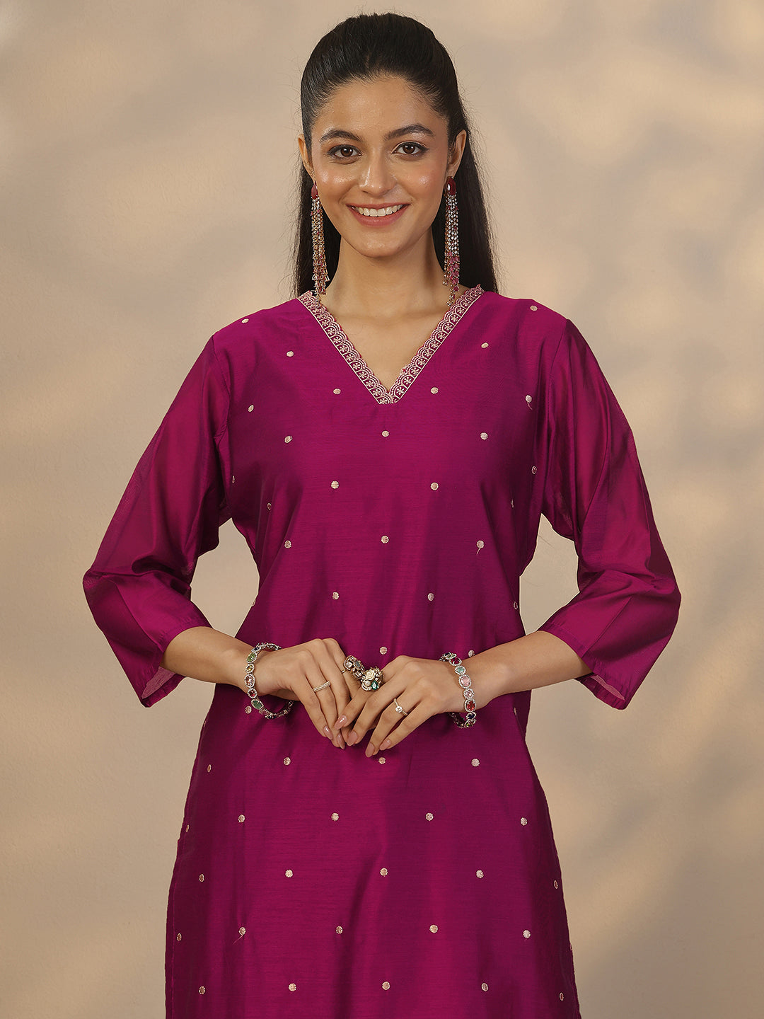 Anouk Magenta Embroidered Silk Blend Straight Suit Set With Dupatta