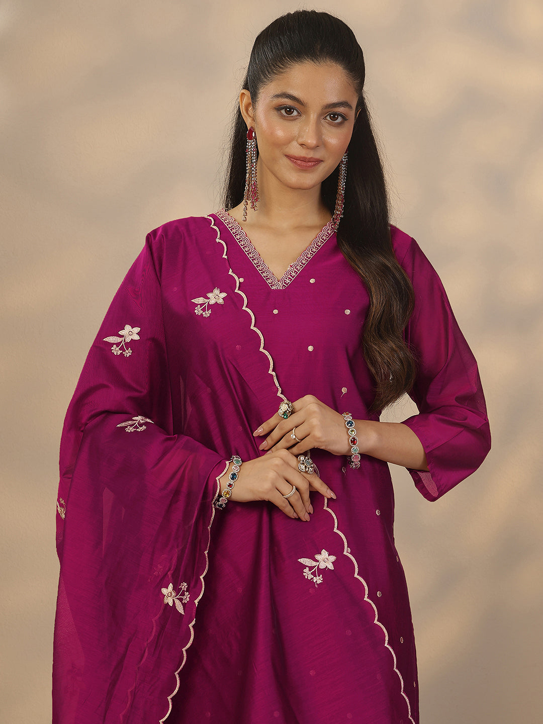 Anouk Magenta Embroidered Silk Blend Straight Suit Set With Dupatta