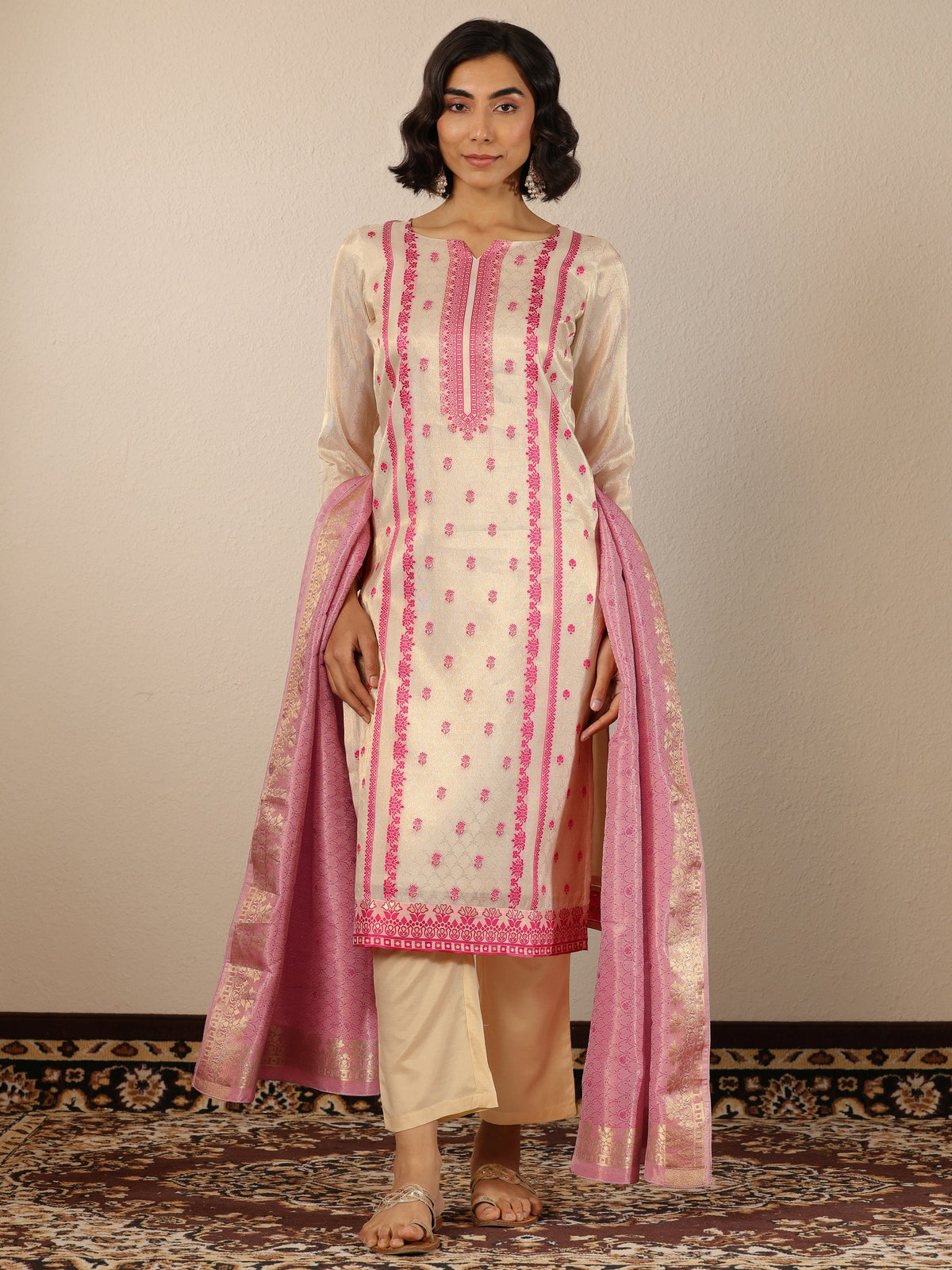 Anouk Off White Woven Design Silk Blend Straight Suit Set With Dupatta