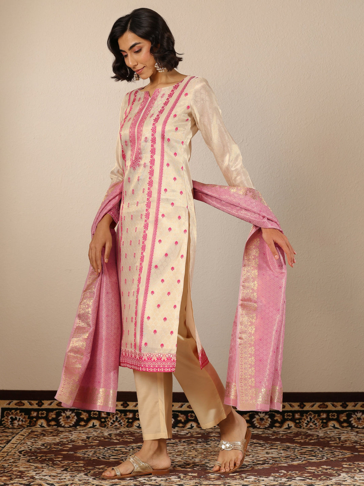 Anouk Off White Woven Design Silk Blend Straight Suit Set With Dupatta