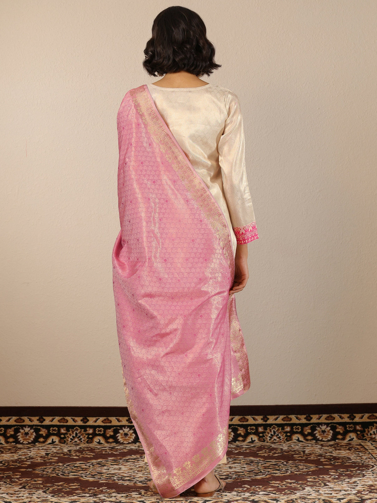 Anouk Off White Woven Design Silk Blend Straight Suit Set With Dupatta