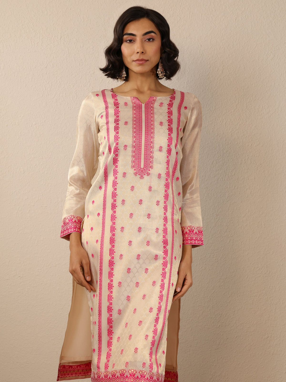Anouk Off White Woven Design Silk Blend Straight Suit Set With Dupatta