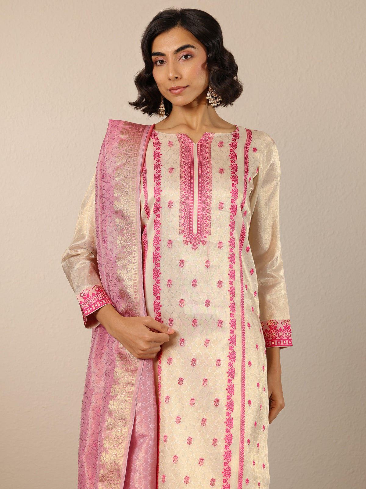 Anouk Off White Woven Design Silk Blend Straight Suit Set With Dupatta