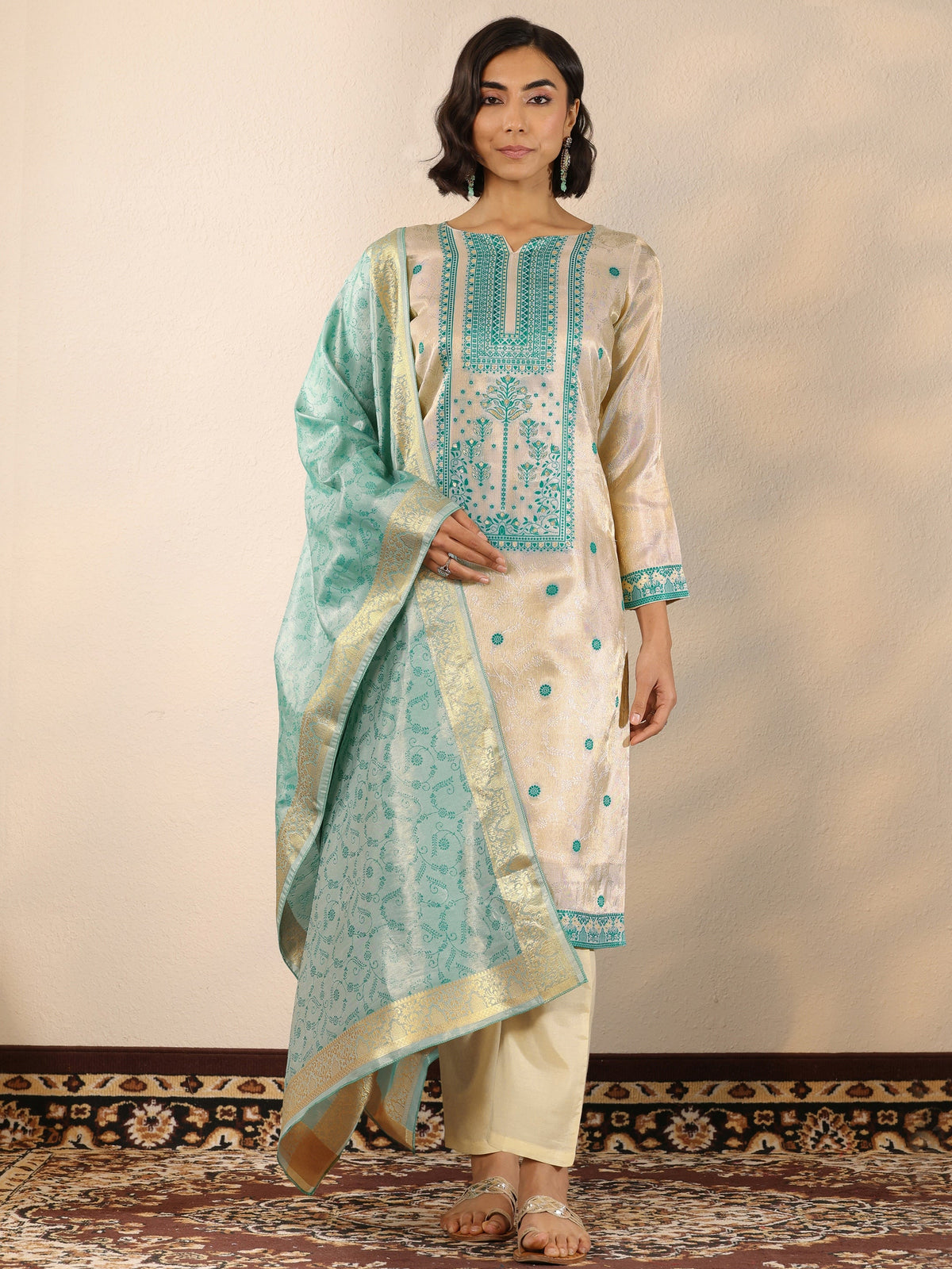 Anouk Off White Woven Design Silk Blend Straight Suit Set With Dupatta
