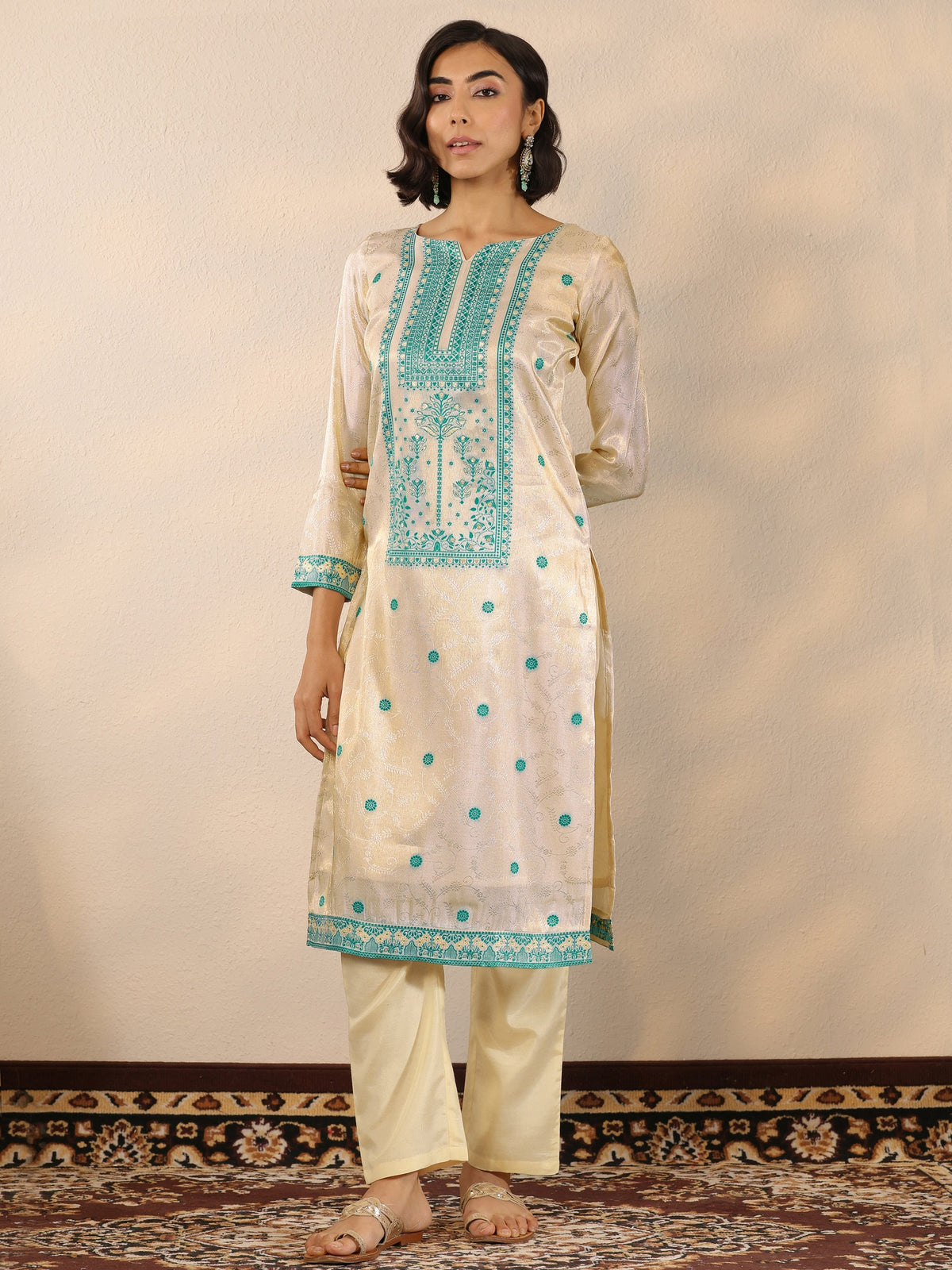 Anouk Off White Woven Design Silk Blend Straight Suit Set With Dupatta