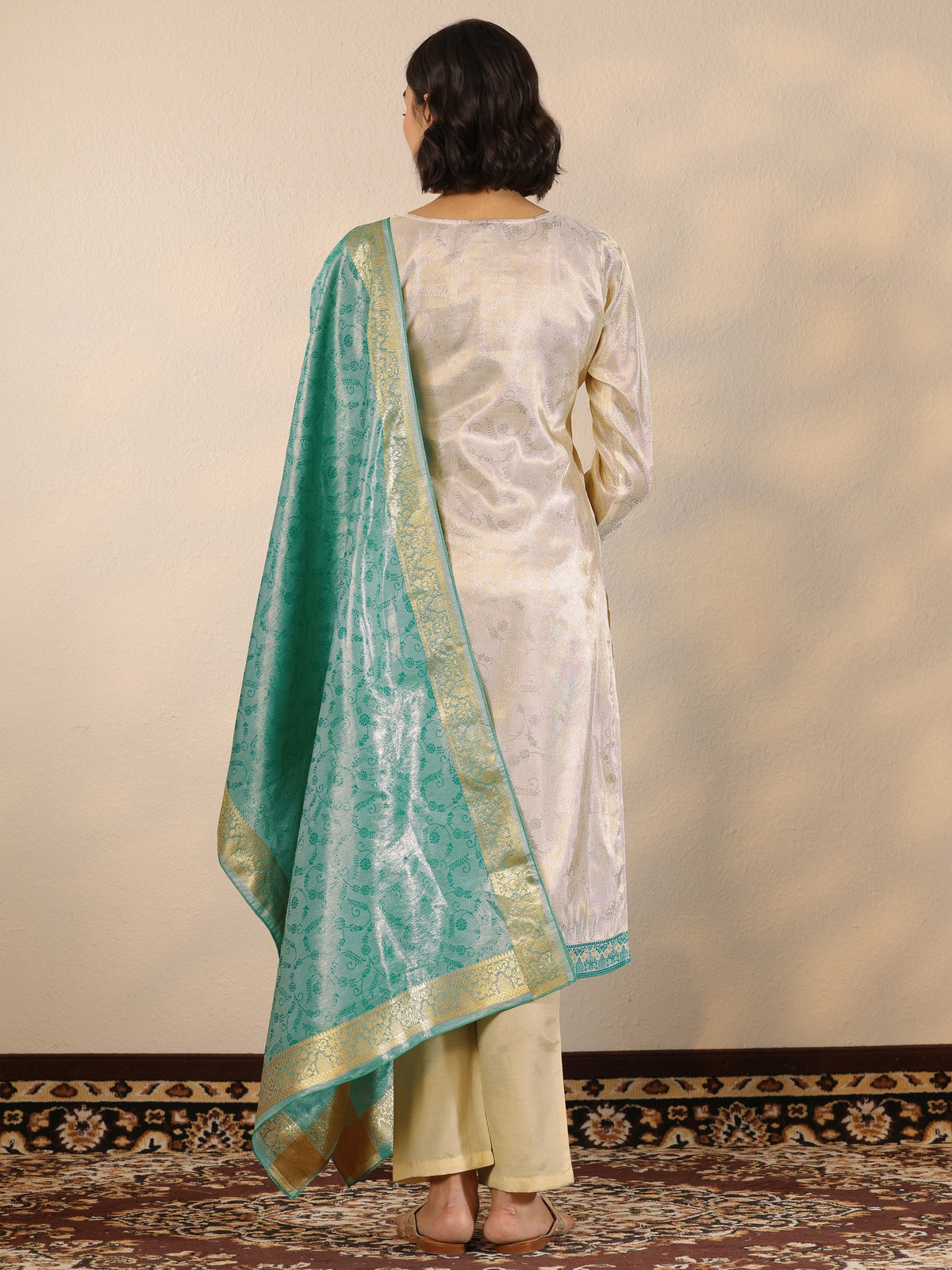 Anouk Off White Woven Design Silk Blend Straight Suit Set With Dupatta