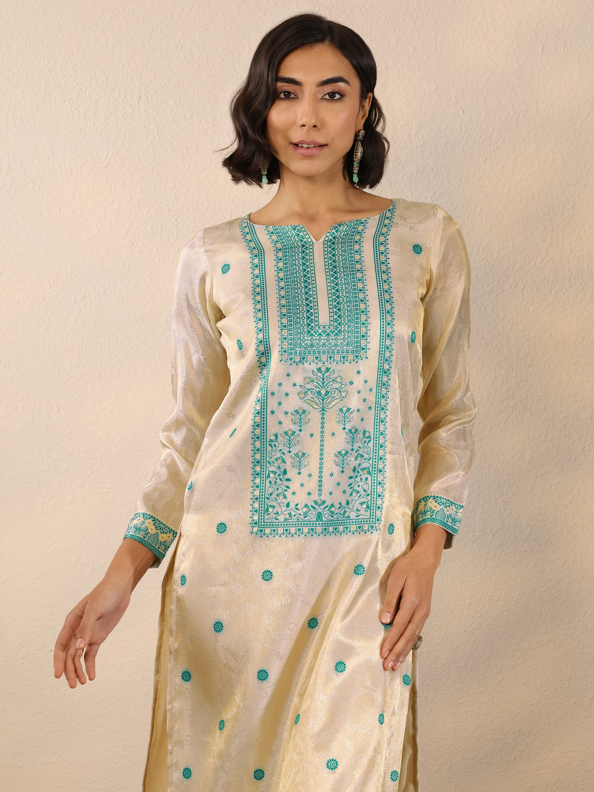 Anouk Off White Woven Design Silk Blend Straight Suit Set With Dupatta
