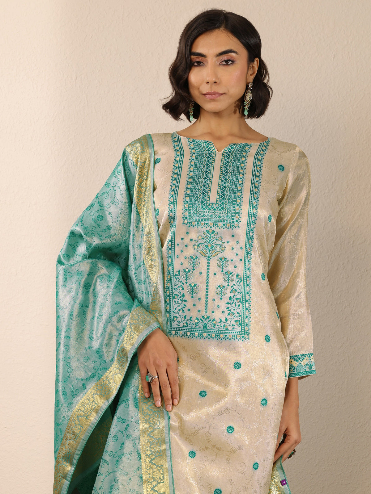 Anouk Off White Woven Design Silk Blend Straight Suit Set With Dupatta