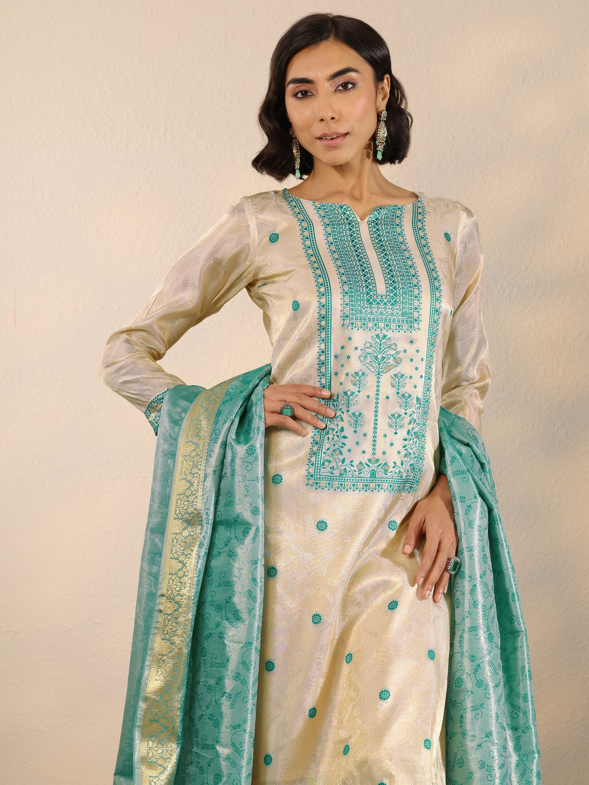 Anouk Off White Woven Design Silk Blend Straight Suit Set With Dupatta