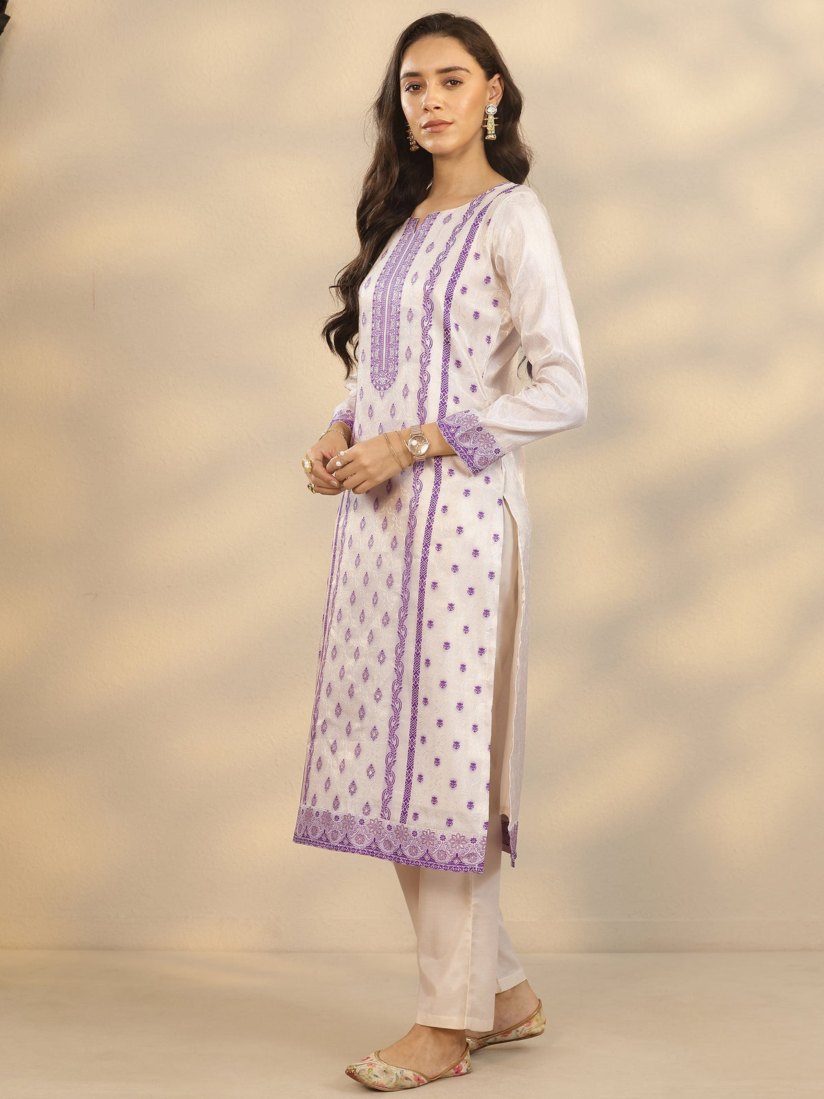 Anouk Off White Woven Design Silk Blend Straight Suit Set With Dupatta