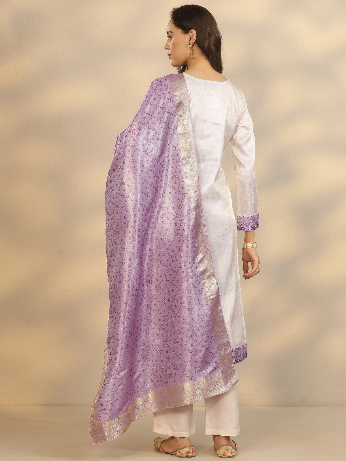 Anouk Off White Woven Design Silk Blend Straight Suit Set With Dupatta