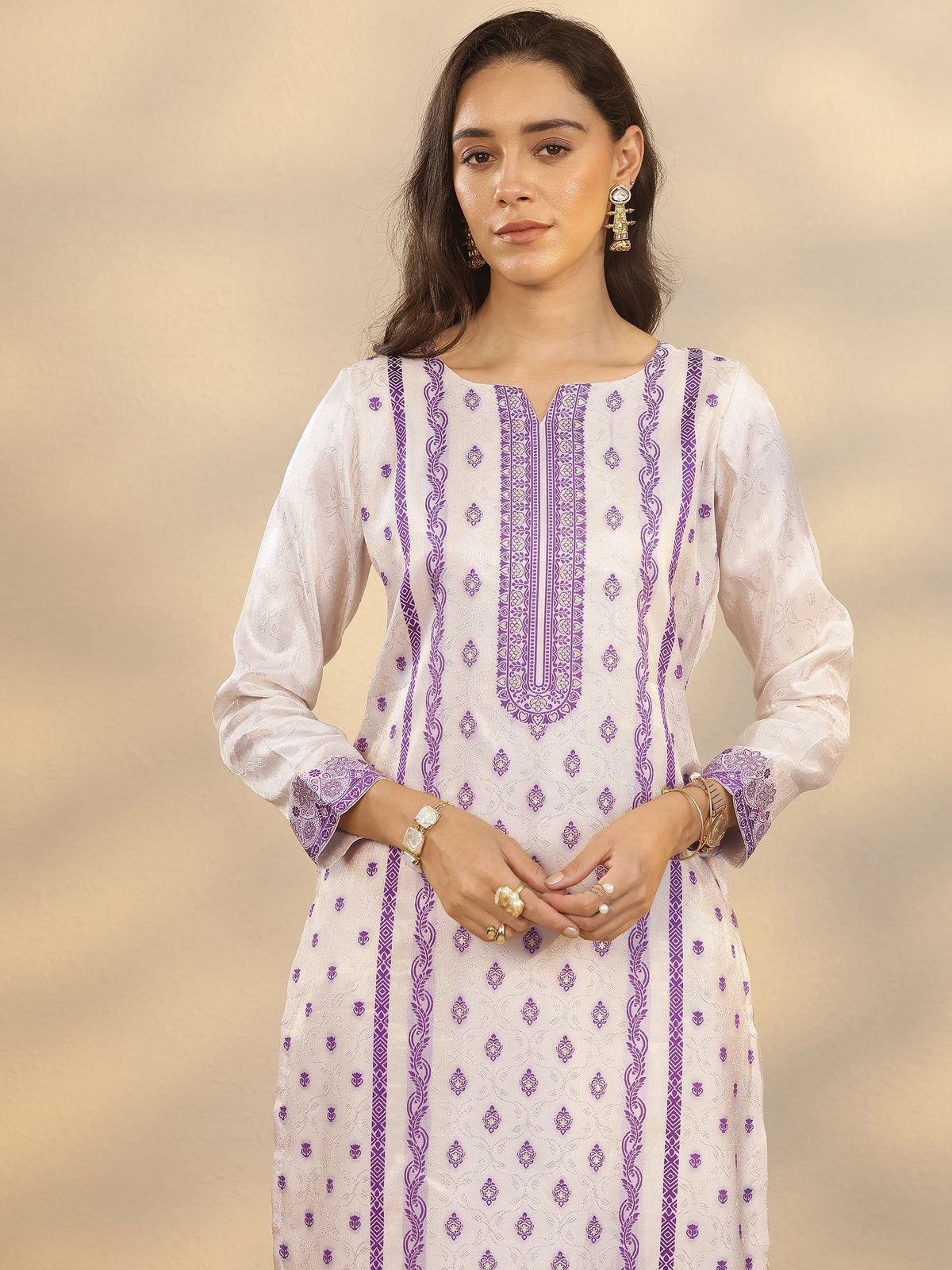 Anouk Off White Woven Design Silk Blend Straight Suit Set With Dupatta
