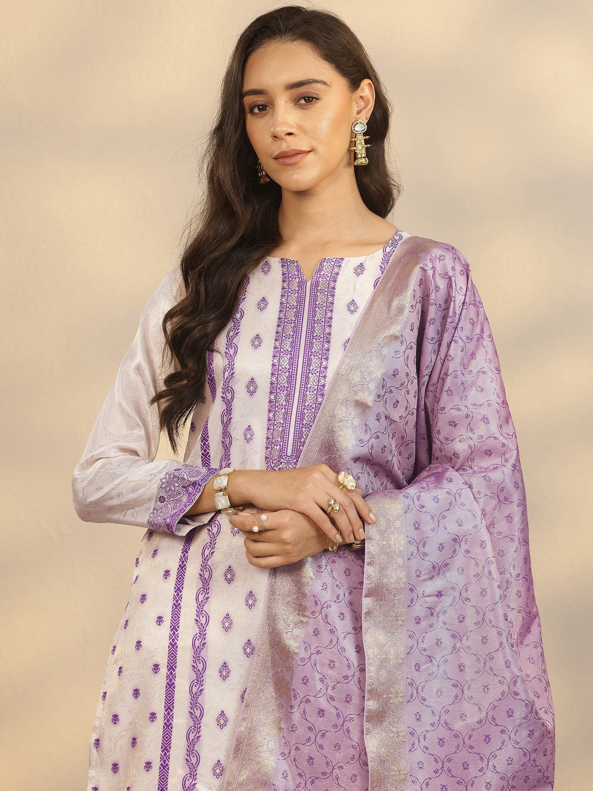 Anouk Off White Woven Design Silk Blend Straight Suit Set With Dupatta