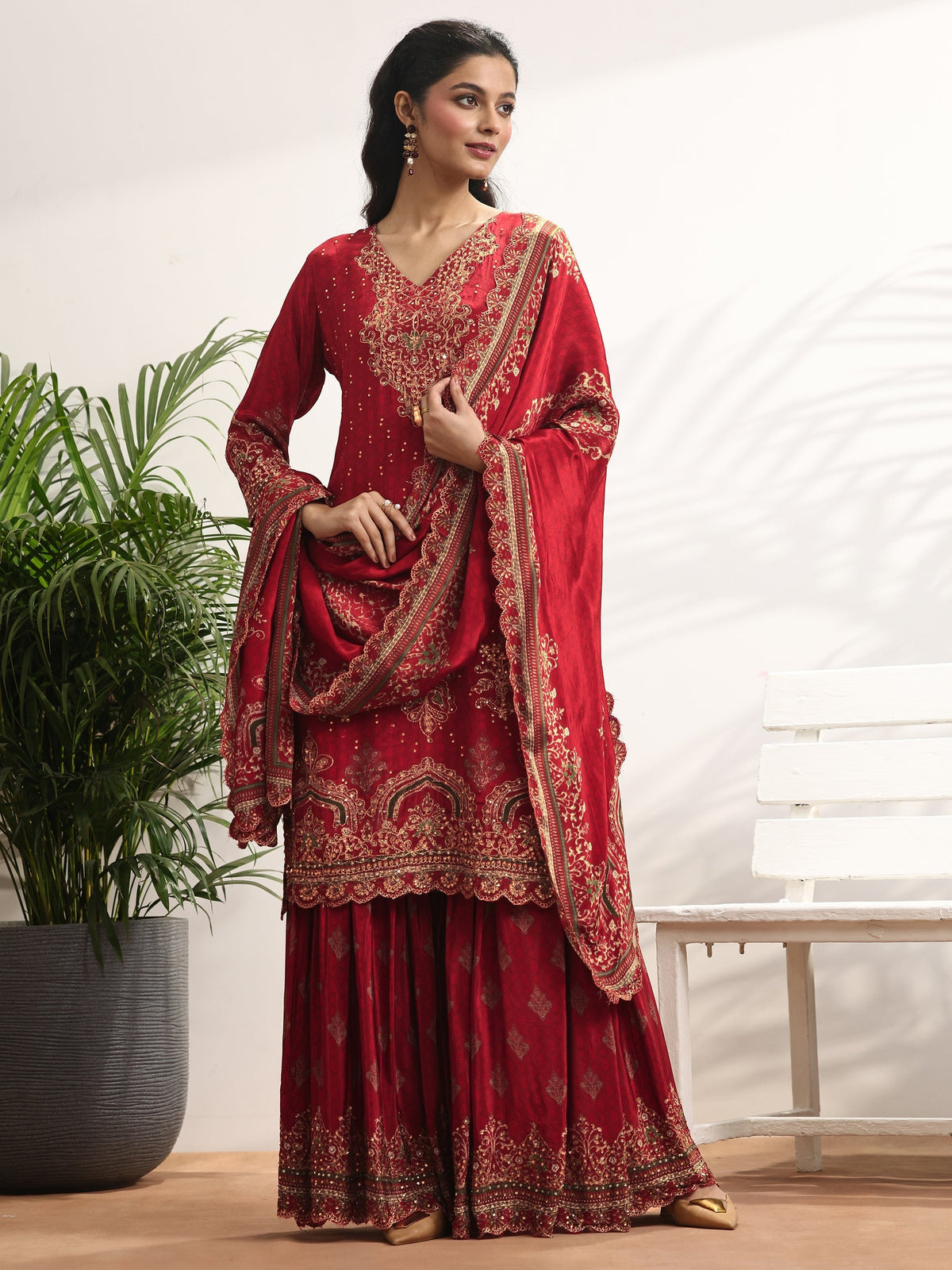 Anouk Art Red Embellished Crepe Suit Set With Dupatta