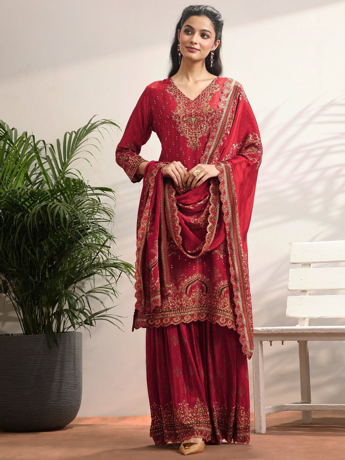 Anouk Art Red Embellished Crepe Suit Set With Dupatta