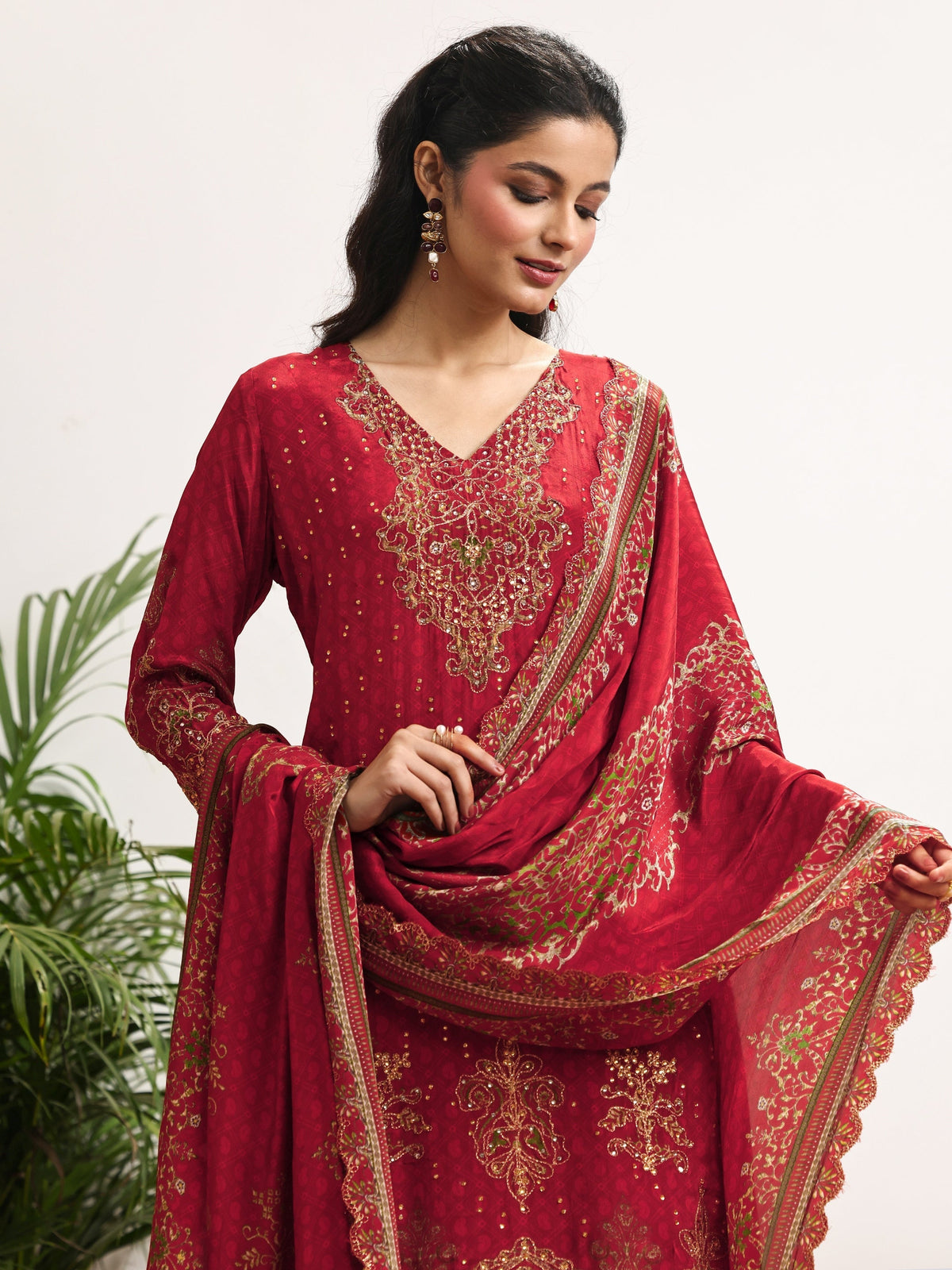 Anouk Art Red Embellished Crepe Suit Set With Dupatta