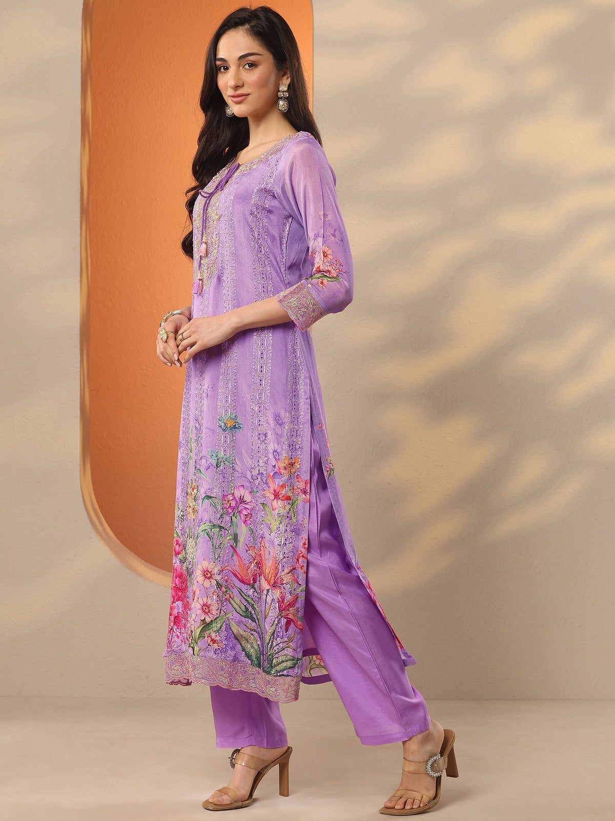 Anouk Lavender Embroidered Chinon Straight Suit Set With Dupatta