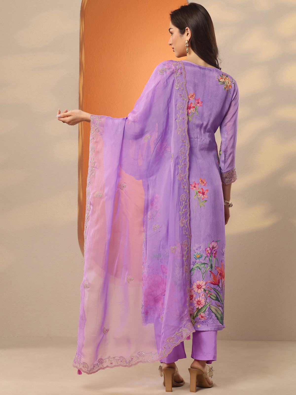 Anouk Lavender Embroidered Chinon Straight Suit Set With Dupatta