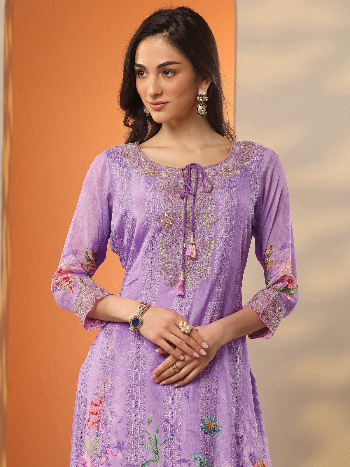 Anouk Lavender Embroidered Chinon Straight Suit Set With Dupatta