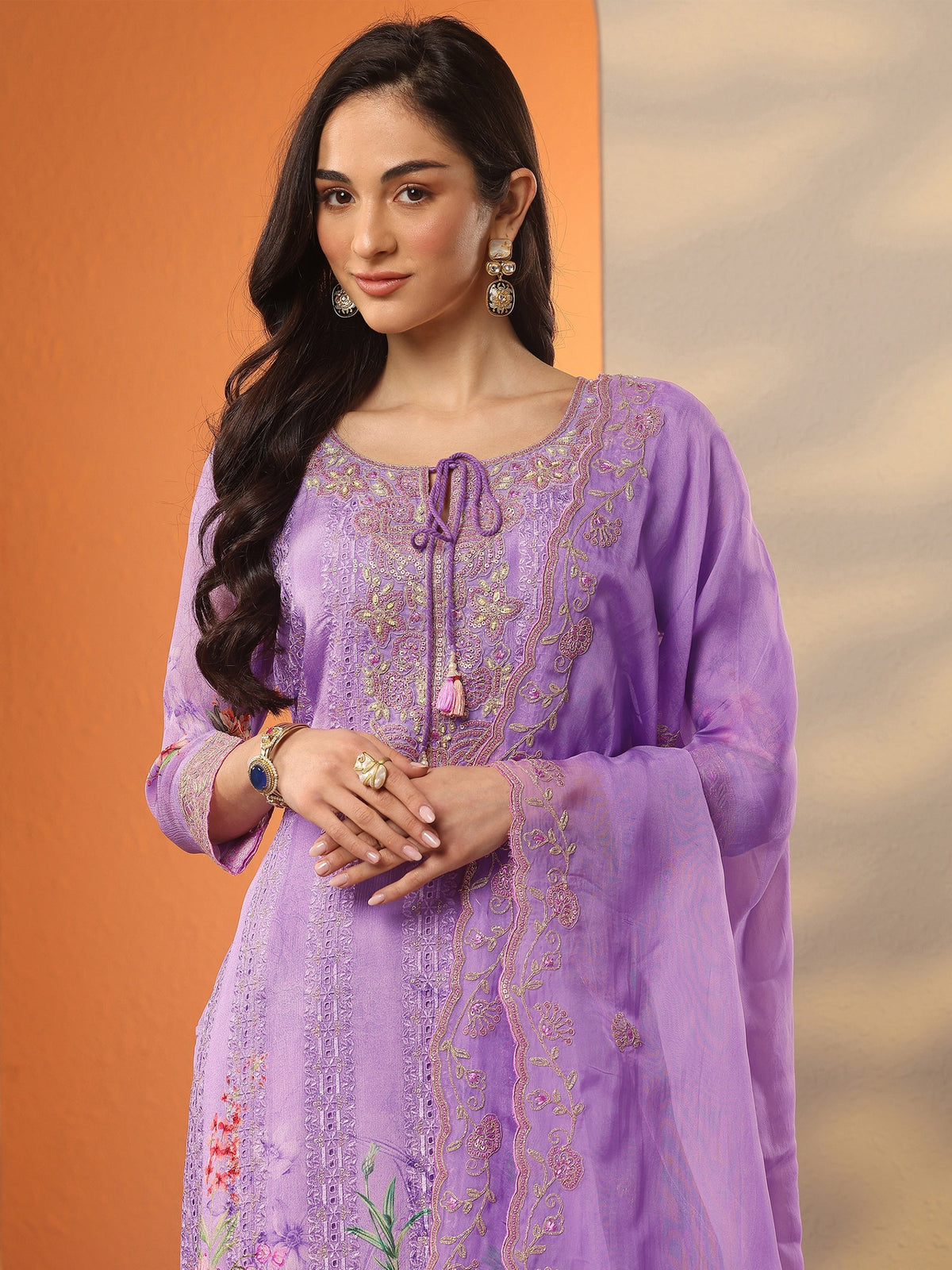 Anouk Lavender Embroidered Chinon Straight Suit Set With Dupatta