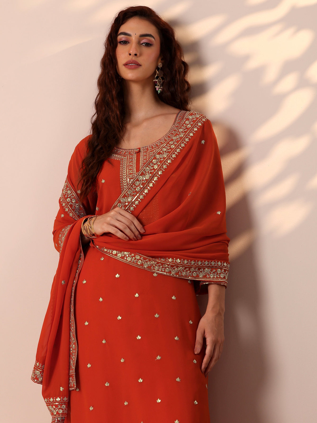 Anouk Orange Embellished Georgette Straight Suit Set With Dupatta